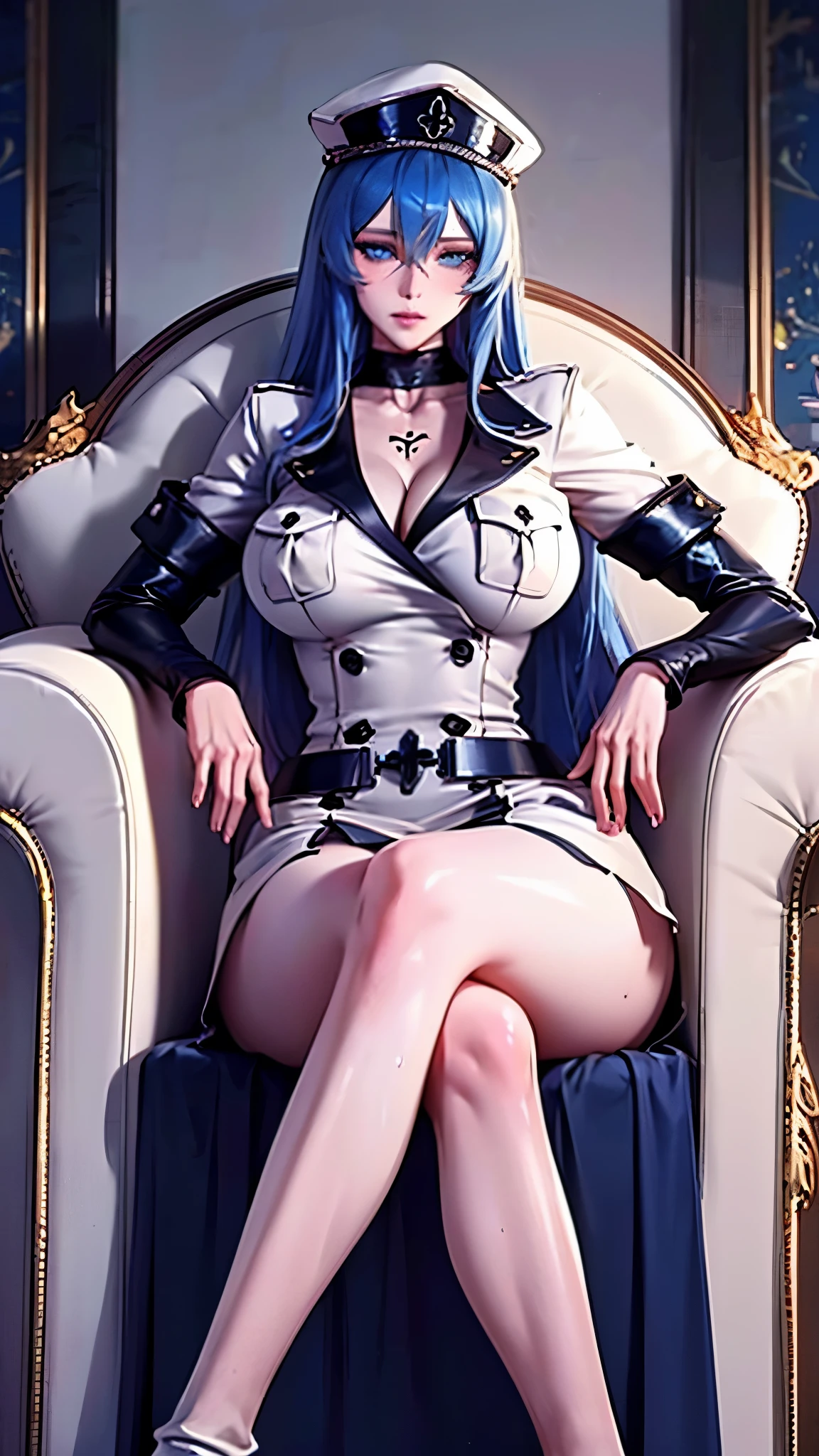 Esdeath, Tall, strong 、 A female general with long blue hair ,  wears a white military uniform with black accents .  She's wearing a white military hat with imperial symbols , deep neckline white shirt, Short white skirt,  and knee-length white boots .  She sits confidently on a large throne with red velvet cushions and gold armrests, Cross one leg over the other.  Her piercing blue eyes reflect dominance and seduction .  the atmosphere is majestic and commanding . (detailed, Realistic, high quality, 4K)