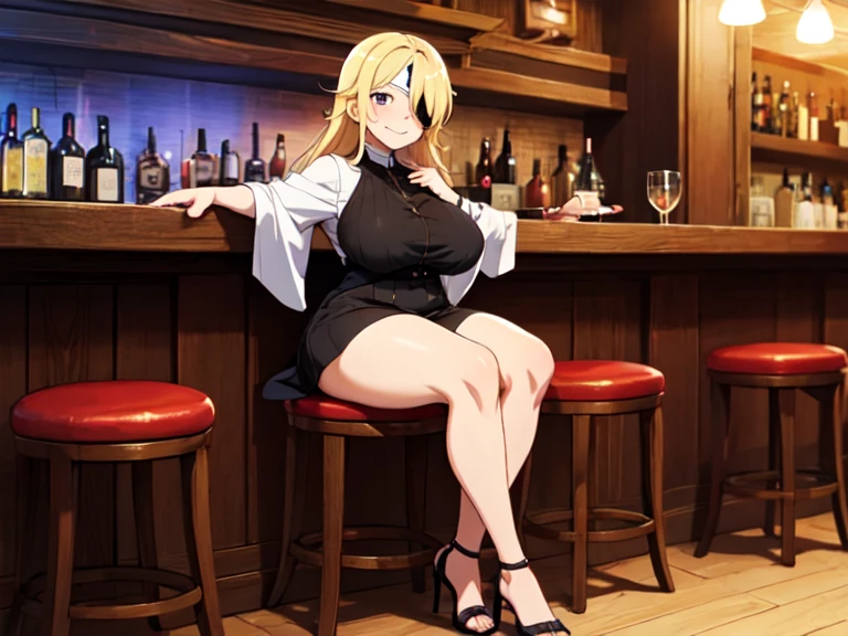 An adventurous woman sitting in a bar looking at the spectator, illustracion,  extremely voluptuous full-body anime screencap , blonde hair, light skin, eye patch on the left eye, smile