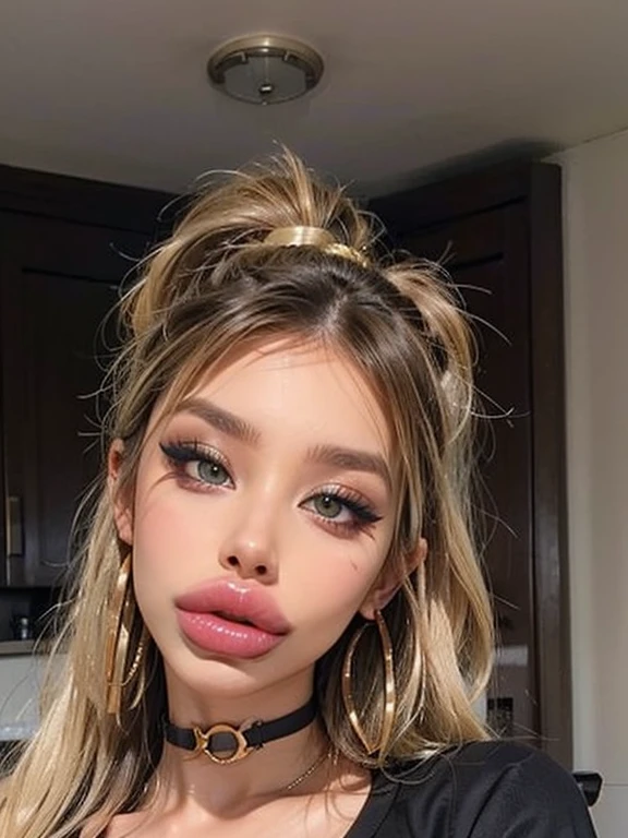 1girl, plain background, beautiful face, blonde hair, cute, bimbolips, huge lips dimples, cheekbones, selfie, bangs, high ponytail, blonde, eyeliner, eye shadow, indoors, one hand selfie, choker, hoop earrings, head tilt, bikini