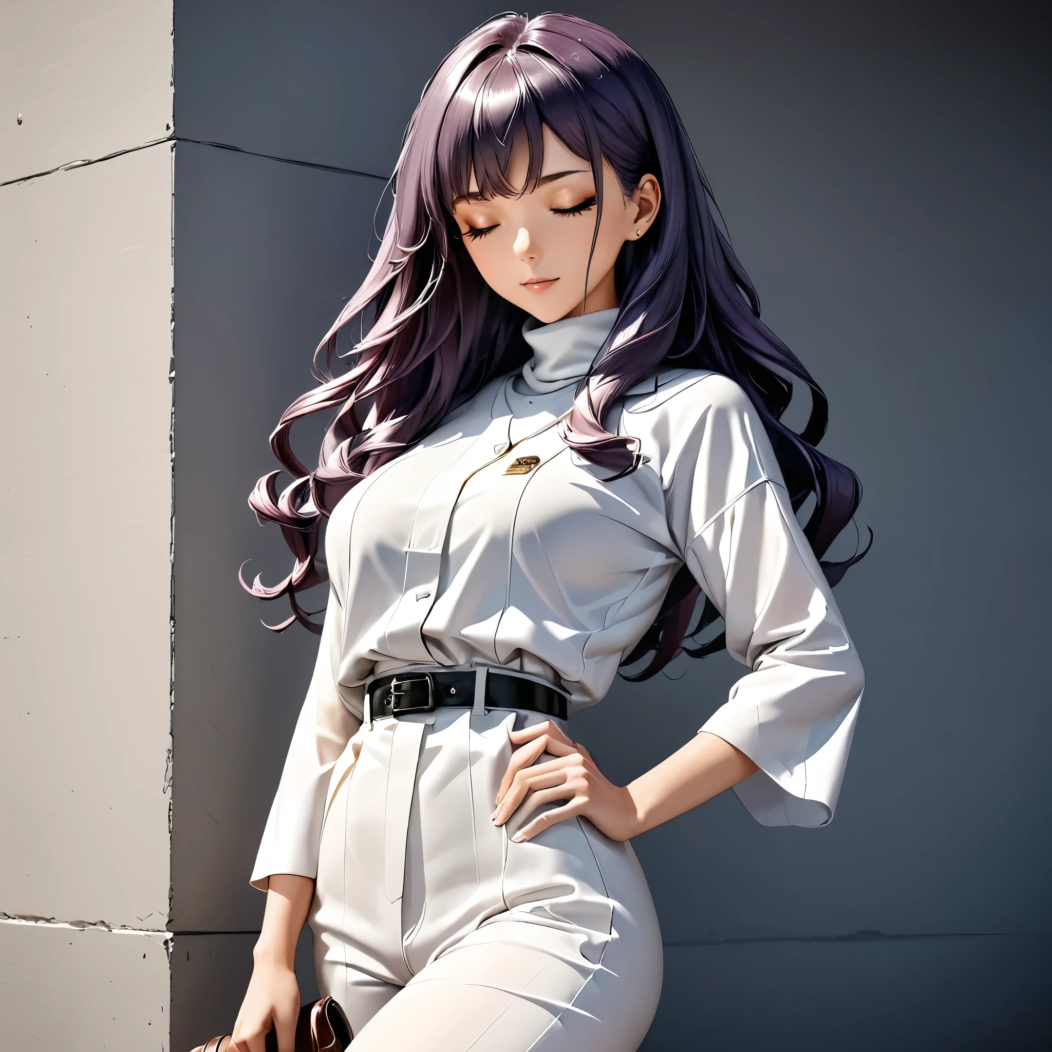 Masterpiece, 4k, HDR, full HD, (best quality), (ultra detailed), (only), intricate ANIME TYPE, best quality, 1girl, deep purple hair , hyper beautiful face, purple hair, perfect anatomy, shiny skin, full body, alone (shiny purple hair, long hair), looking at viewer, perfect hands, perfect legs, super detailed clothes, intricate clothes, hyper detailed cloths, super detailed face, super detailed skin, super detailed quality, closed eyes, u_u ; Elegant and minimalist look: Black belted coat, gray checkered suit pants, white turtleneck sweater, leather loafers and tote bag.