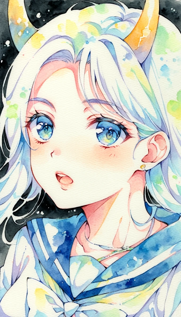 score_9, score_8_up, score_7_up, score_6_up, score_5_up, score_4_up, 1 girl, Alone, watercolor(medium), white hair, horn, Open mouth slightly, Sailor Suit, Floating in the air,big  breasts, Delicate blue eyes like the sea, 俯视视horn,  black background.