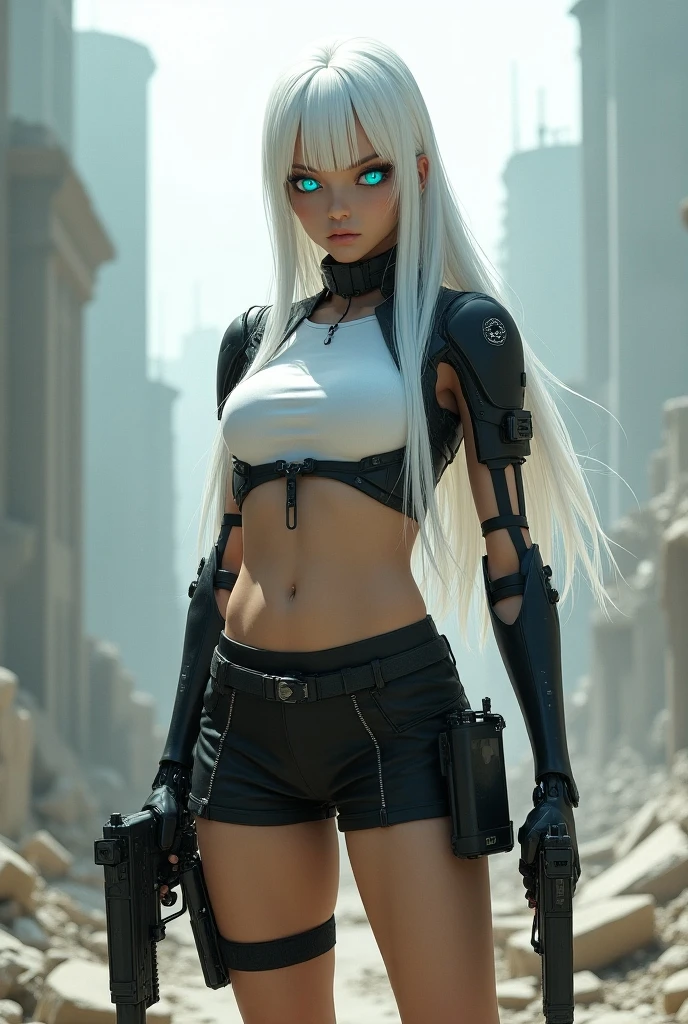 Beautiful sexy girl with long white hair with mechanical eye, cyborg robot, prosthetic arm, looks at me at full height, cyberpunk, Space City, short shorts, sexy hips, Blue eyes, background, slums, megalopolis, anime style
