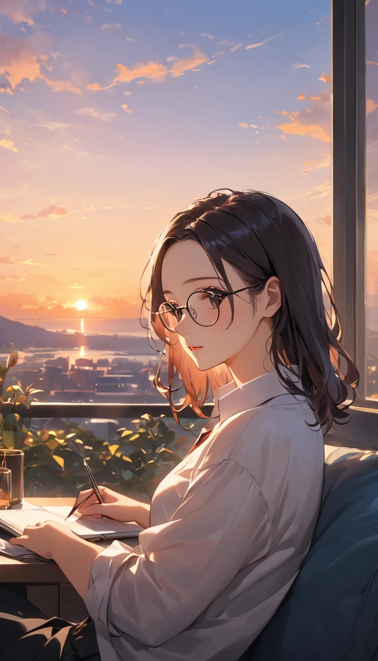 masterpiece, Wearing glasses, Black Hair, forehead, woman, male, evening,  the office where the sunset shines in, Window,  watching the sunset for two , Quiet Time,  the distance shrinks slightly , No words needed ,  Peaceful Atmosphere 
