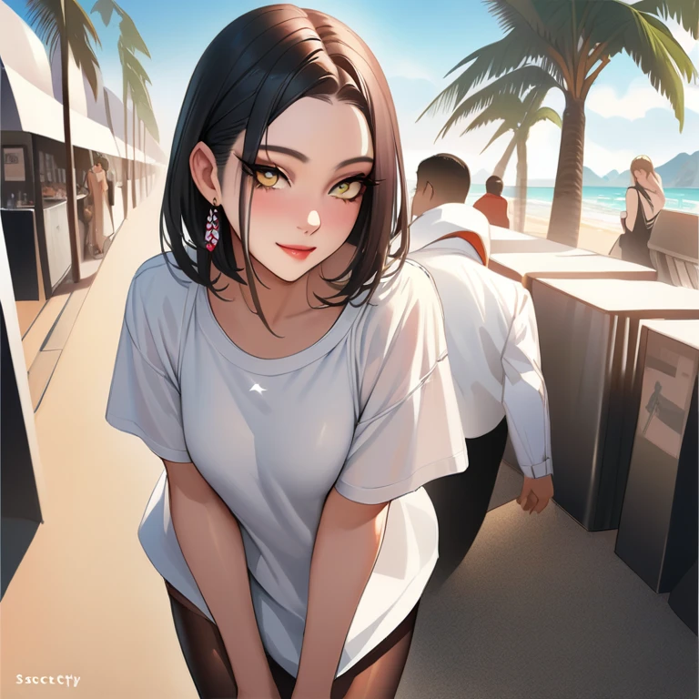 A beautiful young woman with detailed eyes, long eyelashes, and a sexy evocative smile stands on a beach, wearing a white shirt, pantyhose, and earrings. She has shiny skin, a slight blush, and skin indentation. The scene includes palm trees and a crowd in the background. The image is a realistic, high-quality masterpiece, with perfect facial features, sharp focus, and trending on ArtStation and CGSociety.