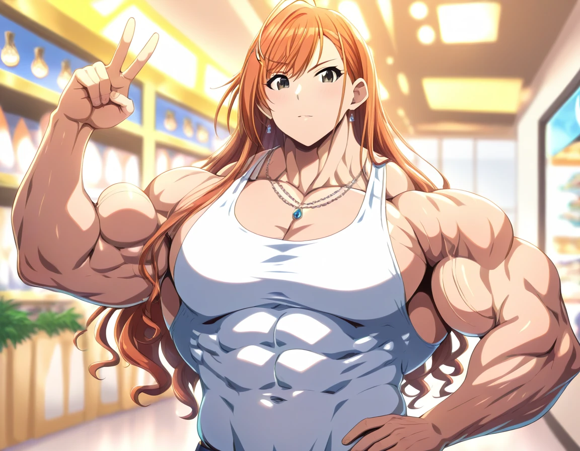 muscular girl, ((((huge)))) girl, (((((flat))))) chest,((((((wide)))))) shoulder, 1girl, ((((thick)))) neck, (((((wide))))) pecs, ((((muscular, muscle, big girl, thick arms, (((large))) torso, pectorals, lat, ((((huge)))) hip)))), straight waist, upper body, high heel, shopping mall, idolm@ster, idolmaster, anime, japanese anime, japanese animation, arisugawa natsuha, natsuhaarisugawa, Solar plexus, solo, orange hair, long hair, ahoge, swept bangs, black eyes, v-neck shirt, earrings, jewelry, detailed eyes, detailed mouth, detailed face, detailed faceline, long hair, best quality, masterpiece, intricate details, detailed, professional, necklace, front view, Upper pectoralis major, Middle pectoralis major, Lower pectoralis major, Trapezius, deltoid, anterior deltoid, middle deltoid, posterior deltoid, Biceps, Biceps long head, Biceps short head, Triceps, Triceps medial head, Triceps Lateral Head, Triceps long head, Sternocleidomastoid, Platysma, Forearm Muscles, Serratus anterior, Gluts, gluteus maximus muscle, Gluteus medius muscle, Tensor fasciae latae muscle, quads, Rectus femoris muscle, Vastus lateralis muscle, Vastus intermedius muscle, Vastus medialis muscle, hamstring, Biceps femoris muscle, Biceps femoris long head, Biceps femoris short head, Semimembranosus, Semitendinosus, Adductor magnus muscle, surae muscle, Triceps surae muscle, Gastrocnemius muscle, Soleus muscle