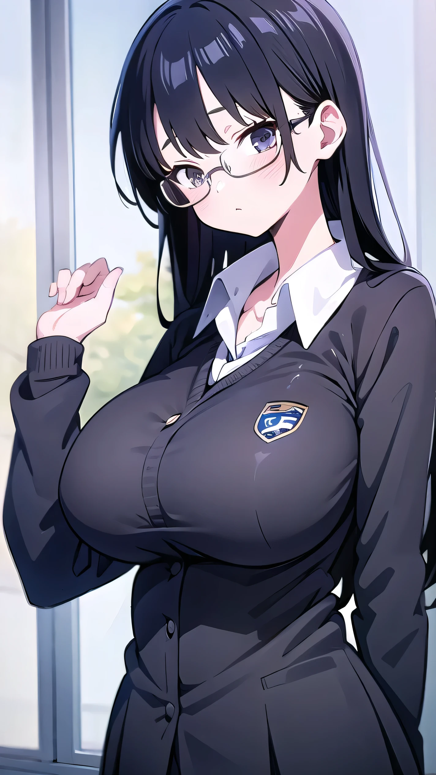 Anime girl with big breasts in very short school uniform, glasses, long black hair