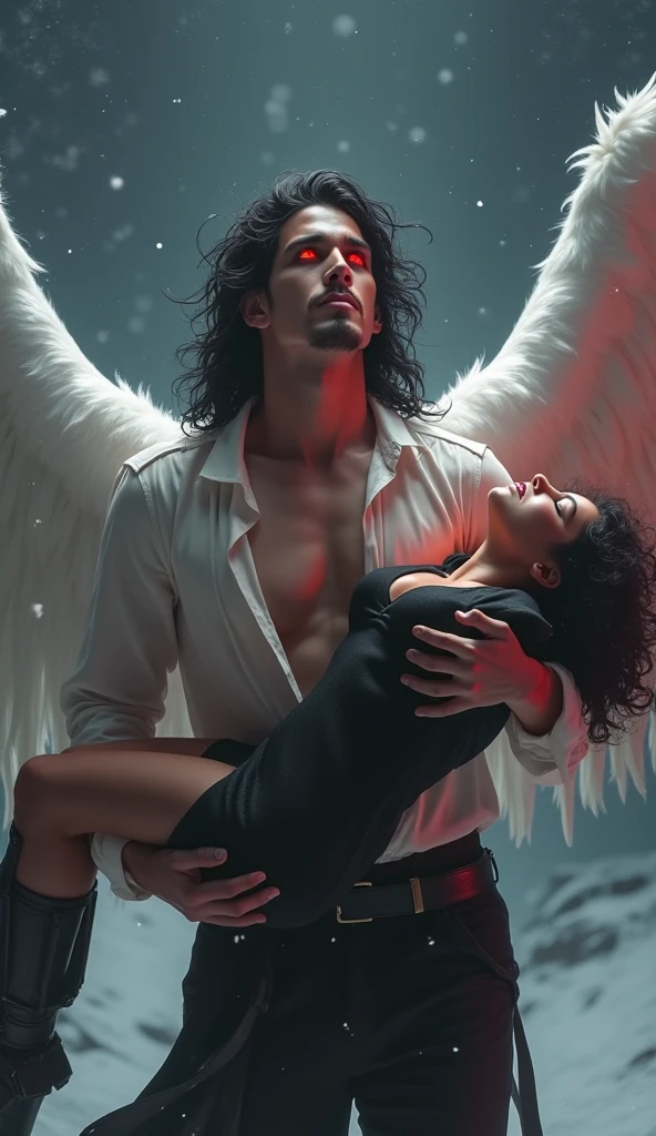 (masterpiece, top quality, best quality, official art, beautiful and aesthetic:1.2), extreme detailed, (fractal art), (black and white:1.5), (a vampire girl biting a neck of angel man in all black:1.5), (embracing), (tragic), large angel wings, dynamic angel, long hair flowing, occult, (oil painting), gloomy, holy, black background, side view