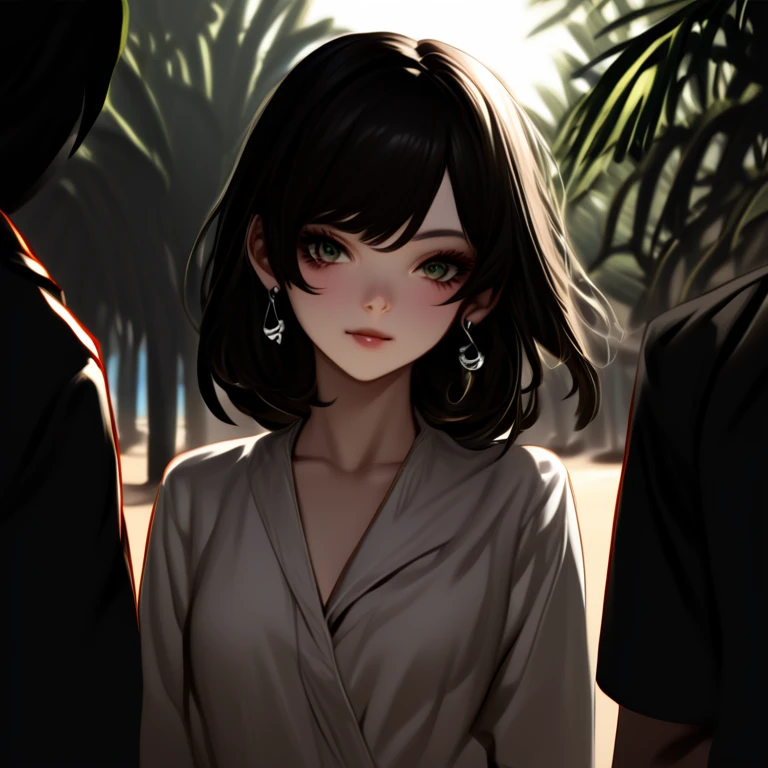 A beautiful young woman with detailed eyes, long eyelashes, and a sexy evocative smile stands on a beach, wearing a white shirt, pantyhose, and earrings. She has shiny skin, a slight blush, and skin indentation. The scene includes palm trees and a crowd in the background. The image is a realistic, high-quality masterpiece, with perfect facial features, sharp focus, and trending on ArtStation and CGSociety.