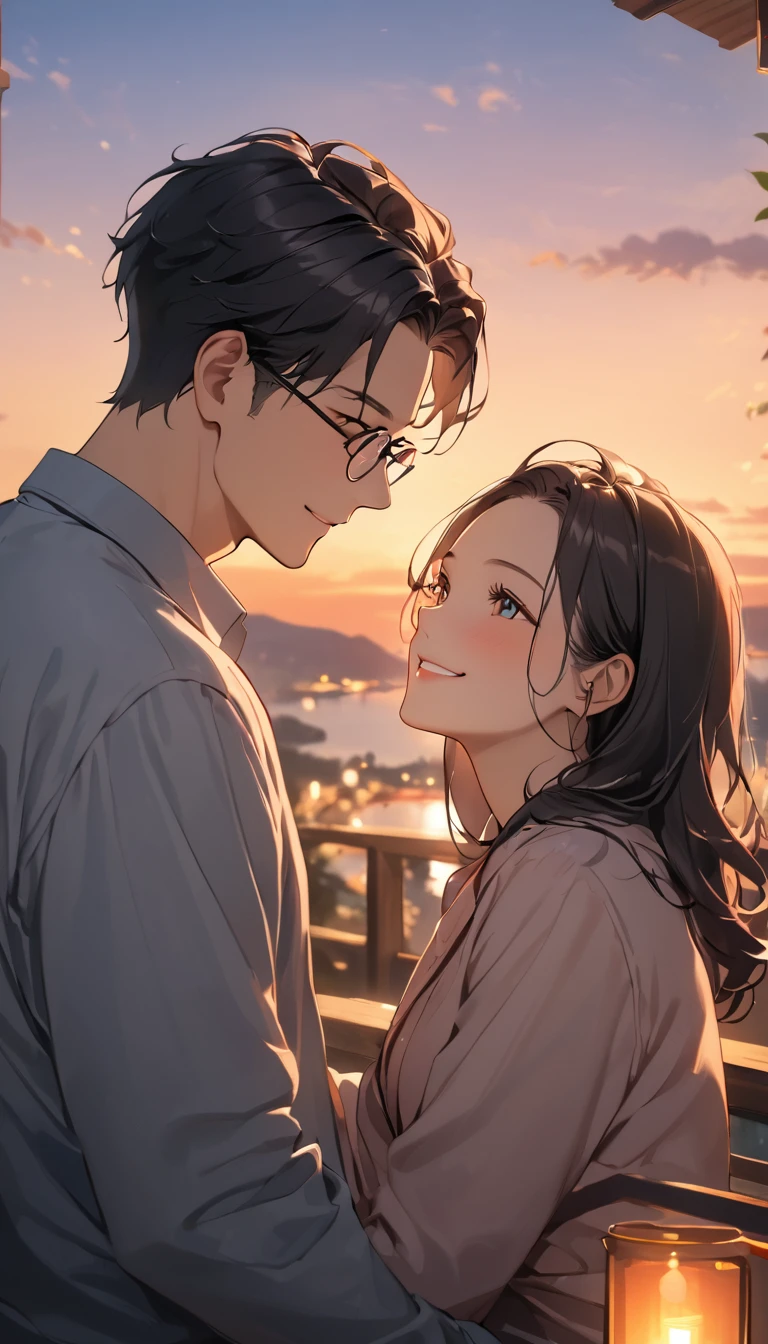 masterpiece, Wearing glasses, Black Hair, forehead, woman, male, evening,  Relaxed Atmosphere , smile, Words of gratitude, Intimate air ,  close to heart ,  calm and warm moments, A special relationship
