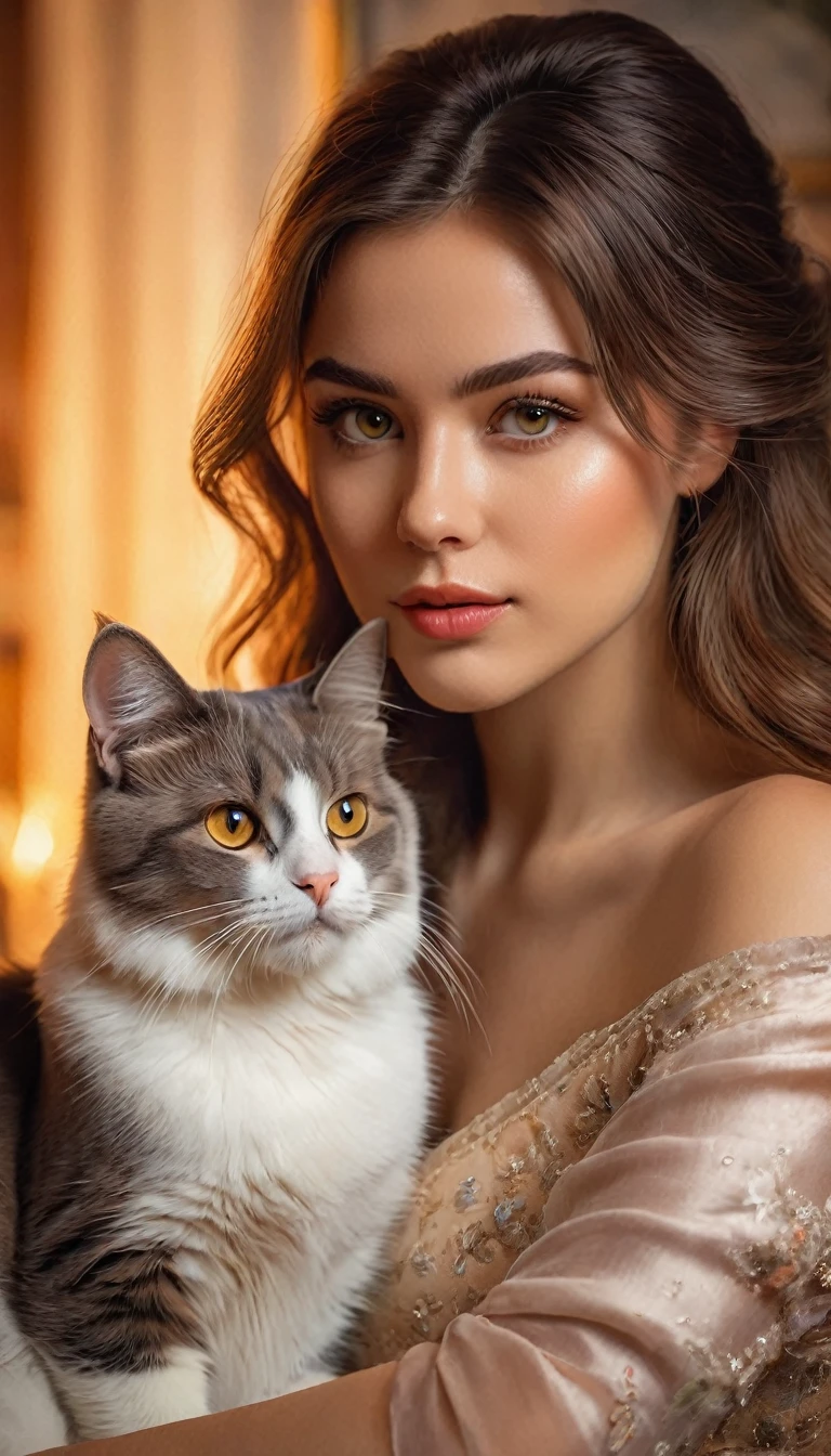   beautiful girl with cute cat , detailed eyes, detailed lips,   long lashes  , complex hair,   beautiful detailed portrait  ,  highly detailed , 8 k,   photorealistic  ,   professional digital painting , warm color palette,  soft lighting ,  serene expression , fine facial features, elegant dress,   sits in a cozy interior  ,  domestic cat on her knees  , cat companion , portrait style,  spectacular lighting ,  striking realism 