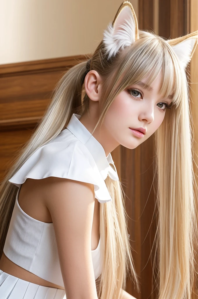 (best quality), 1girl, female, porcelain skin, blonde hair, straight hair, medium hair, swoopy tips, Flipped-up ends, brown eyes, perfect eyes, slender, , (cat ears), small bust, shy, masterpiece, anatomically correct, highres
