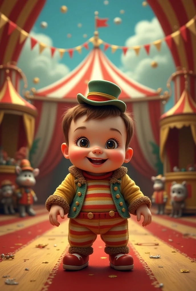 A boy dressed as a popcorn vendor with red and white striped clothes 