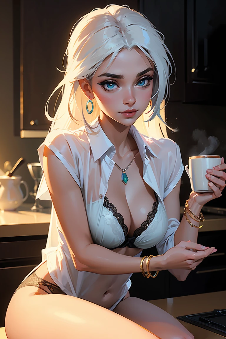 Goddess ((goddess-like woman)), slim elegant silhouette, masterpiece, (close angle), best quality, pale skin, fair skin, sweet face, (masterpiece:1,2, best quality), (real picture, intricate details), (1 lady , solo, medium tits, slim waistline, ), ((Jinx/LOL)),WHITE HAIR, a woman withe White short hair, White hair, aqua eyes, she has an impressive presence., short hair, bracelet, hoop earrings, jewelry, beautiful face, beautiful eyes, she looks the Looking at viewer,  she's wearing her boyfriend's shirt, very long big sleeves, the jewelry gives her overall appearance a touch of glamor. sweet smile, thigh gap, sweet irresistible smile, elegant pose, elegant hands, beautiful hands, perfect fingers, background: Bedroom, large window, early morning sun shining through the window, bed, she sits on the bed and holds a cup of coffee with both hands, which she sips sheepishly, sips the coffee

