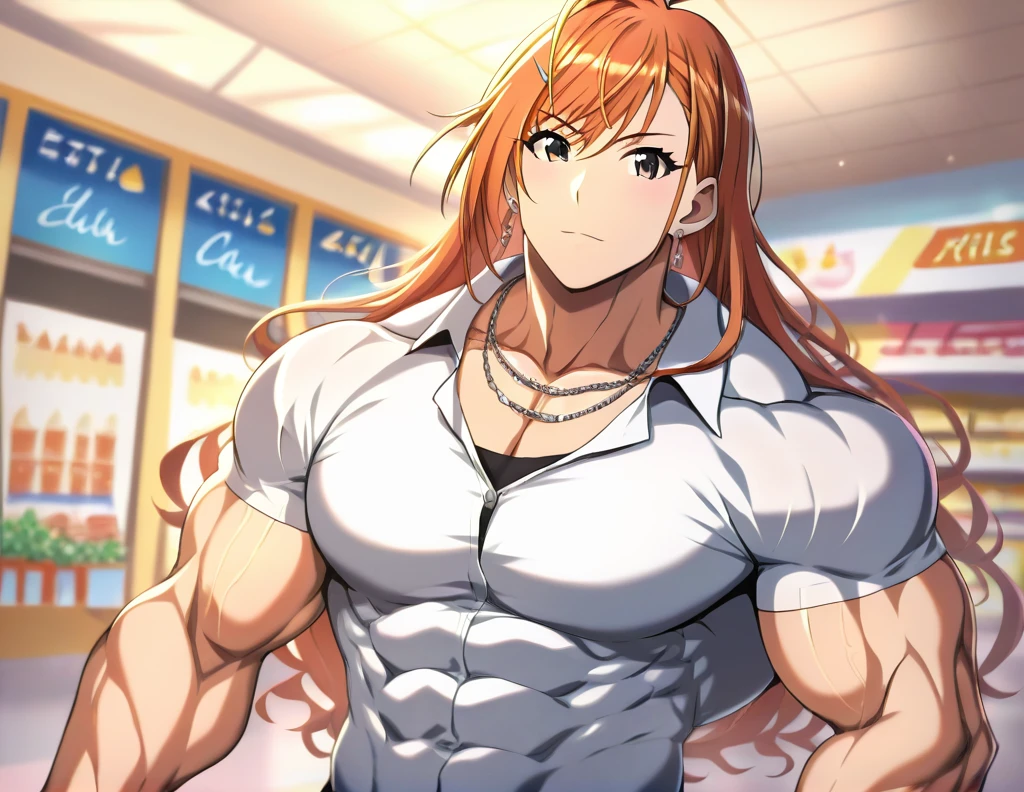 muscular girl, ((((huge)))) girl, (((((flat))))) chest,((((((wide)))))) shoulder, 1girl, ((((thick)))) neck, (((((wide))))) pecs, ((((muscular, muscle, big girl, thick arms, (((large))) torso, pectorals, lat, ((((huge)))) hip)))), straight waist, upper body, high heel, shopping mall, idolm@ster, idolmaster, anime, japanese anime, japanese animation, arisugawa natsuha, natsuhaarisugawa, Solar plexus, solo, orange hair, long hair, ahoge, swept bangs, black eyes, v-neck shirt, earrings, jewelry, detailed eyes, detailed mouth, detailed face, detailed faceline, long hair, best quality, masterpiece, intricate details, detailed, professional, necklace, front view, Upper pectoralis major, Middle pectoralis major, Lower pectoralis major, Trapezius, deltoid, anterior deltoid, middle deltoid, posterior deltoid, Biceps, Biceps long head, Biceps short head, Triceps, Triceps medial head, Triceps Lateral Head, Triceps long head, Sternocleidomastoid, Platysma, Forearm Muscles, Serratus anterior, Gluts, gluteus maximus muscle, Gluteus medius muscle, Tensor fasciae latae muscle, quads, Rectus femoris muscle, Vastus lateralis muscle, Vastus intermedius muscle, Vastus medialis muscle, hamstring, Biceps femoris muscle, Biceps femoris long head, Biceps femoris short head, Semimembranosus, Semitendinosus, Adductor magnus muscle, surae muscle, Triceps surae muscle, Gastrocnemius muscle, Soleus muscle