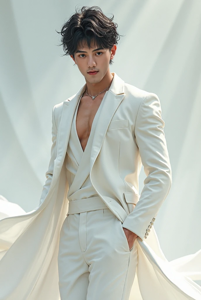 In a white suit、Strange thieves、High school students、167 cm、Type B、gentleman、Slim Fit Pants、cinematic shot、finely detailed background、1 male