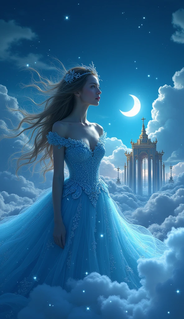 Muchacha rubia con vestido azul sentada en una nube con el castillo en el fondo, fantasy fairytale story, Cuento de hadas de la Bella Durmiente, Hermoso render de un cuento de hadas, high quality fantasy stock photo, romantic storybook fantasy, beautiful fantasy maiden, lovely languid princess, lie on white clouds fairyland, fantasy beautiful, beautiful fantasy, Fantasy Woman, Reality impregnated with dreams, Castillo hecho de nubes
