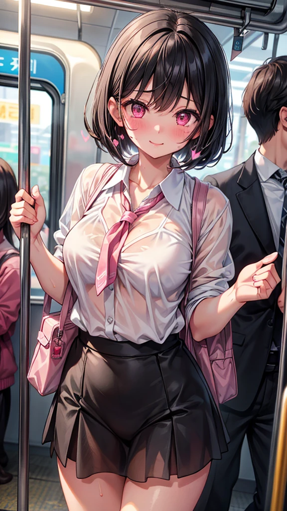 masutepiece, Best Quality,Illustration, Wallpaper, Ultra Detail, A man in a suit standing behind a girl、Little Face Girl、(((molesting)))、ren Detailed eyes, long, (fear:1.5)、(Teary-eyed:1.5)、Dark hair color、(((Cute underwear in red)))、(Sweaters、Kilted skirt)、plump bust star))、very Bigger breasts、Colossal tits、No bra、No panties、No panties、(((Highly detailed female genitalia shape)))、On the train、((A girl whose body is touched by men))、((A man flips up a skirt))