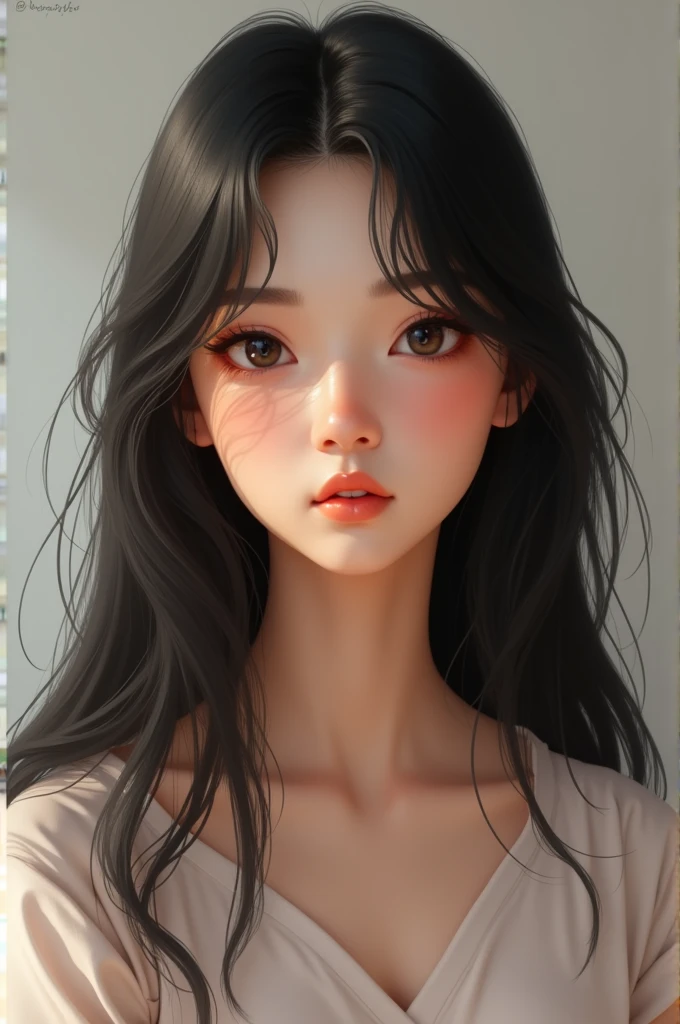 there is a woman with long hair and a white shirt, young lovely Korean faces, Shin Jinying, wan adorable korean face, jaeyeon nam, Cute natural anime face, girl cute-fine face, cute delicate face, hwang se - on, Korean symmetrical face, Kawaii realistic portrait, cute korean actress, young cute wan asian face, ulzzangs