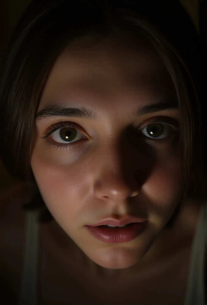 a girl, solo, closeup of face, scared, surprised, high angle view, looking at viewer, shadow on face, (best quality,4k,8k,highres,masterpiece:1.2),ultra-detailed,(realistic,photorealistic,photo-realistic:1.37), portrait, dramatic lighting, chiaroscuro, cinematic