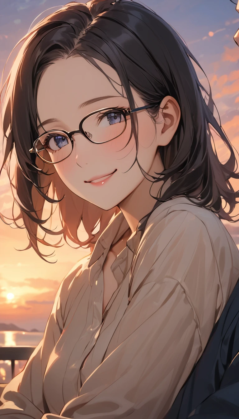 masterpiece, Wearing glasses, Black Hair, forehead, woman, evening,  Relaxed Atmosphere , smile, Words of gratitude, Intimate air ,  close to heart ,  calm and warm moments, A special relationship, male
