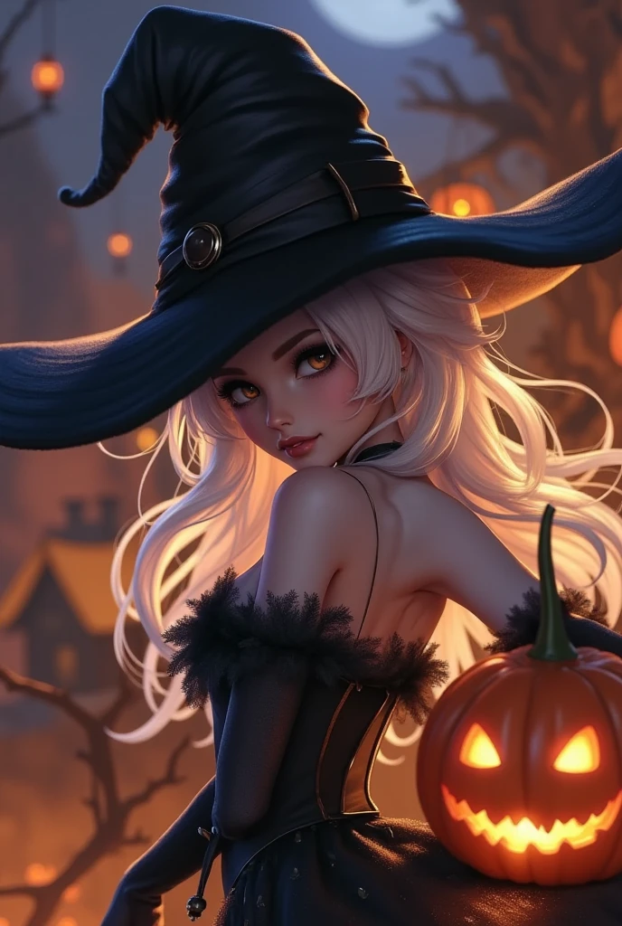 Halloween portrait in costume,photorealistic,HD,masterpiece,best quality,ultra-detailed,1girl,pumpkin,white hair,night,black witch hat,jack-o'-lantern,