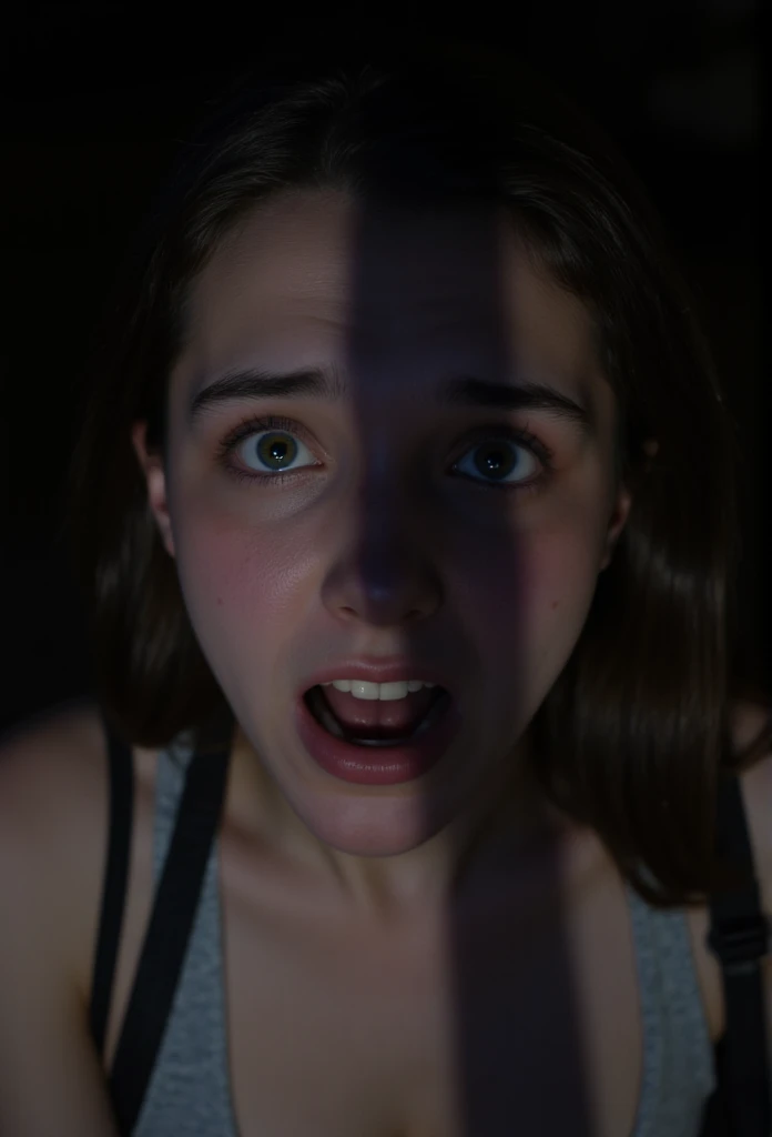 a girl, solo, closeup of face, scared, surprised, high angle view, looking at viewer, shadow penis on face, (best quality,4k,8k,highres,masterpiece:1.2),ultra-detailed,(realistic,photorealistic,photo-realistic:1.37), portrait, dramatic lighting, chiaroscuro, cinematic