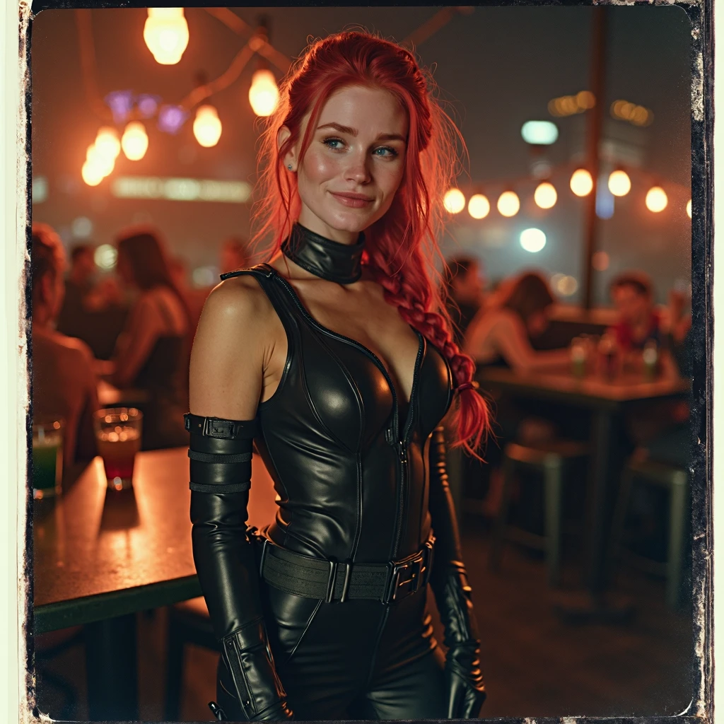 Beautiful Evil Muscular bodybuilder, green satin button blouse, evil expression, big breasts, cleavage, tight braided ponytail, black eyeliner