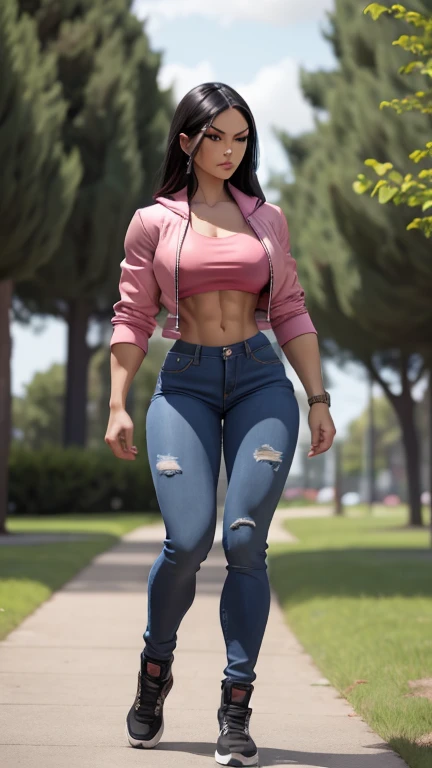 full body view, beautiful muscle woman, walking in a park, sensual large feminine lips, stunningly beautiful woman of pure awesomeness, extremely long straight black hair, breathtakingly attractive woman, steel-hard hypermuscular, sixpack abs, strong well defined muscle, muscular powerful physique, perfect and flawless musculature, short pink jacket, bare midriff, jeans pants, ((massive muscular thighs)), (slender waist: - 0,7)