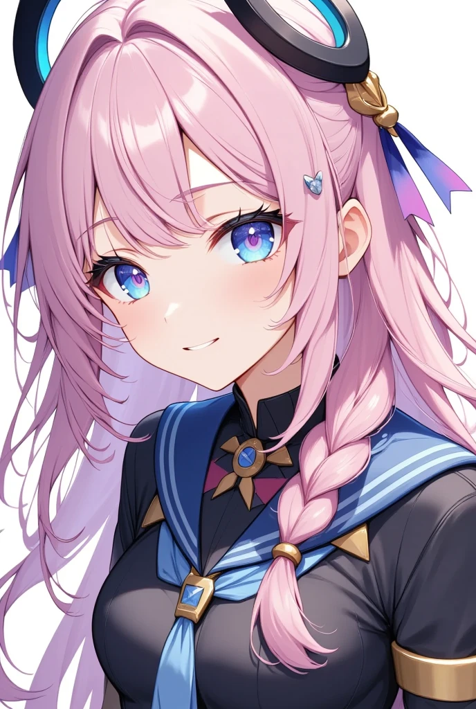 1girl,solo,(citlali),full body,expressionless,school uniform,pink hair,parted bangs,very long hair, hair down,braids,hair ornament,blue eyes,(pink pupils),masterpiece, best quality,Beautiful details,hyper detail,perfect lighting, bright