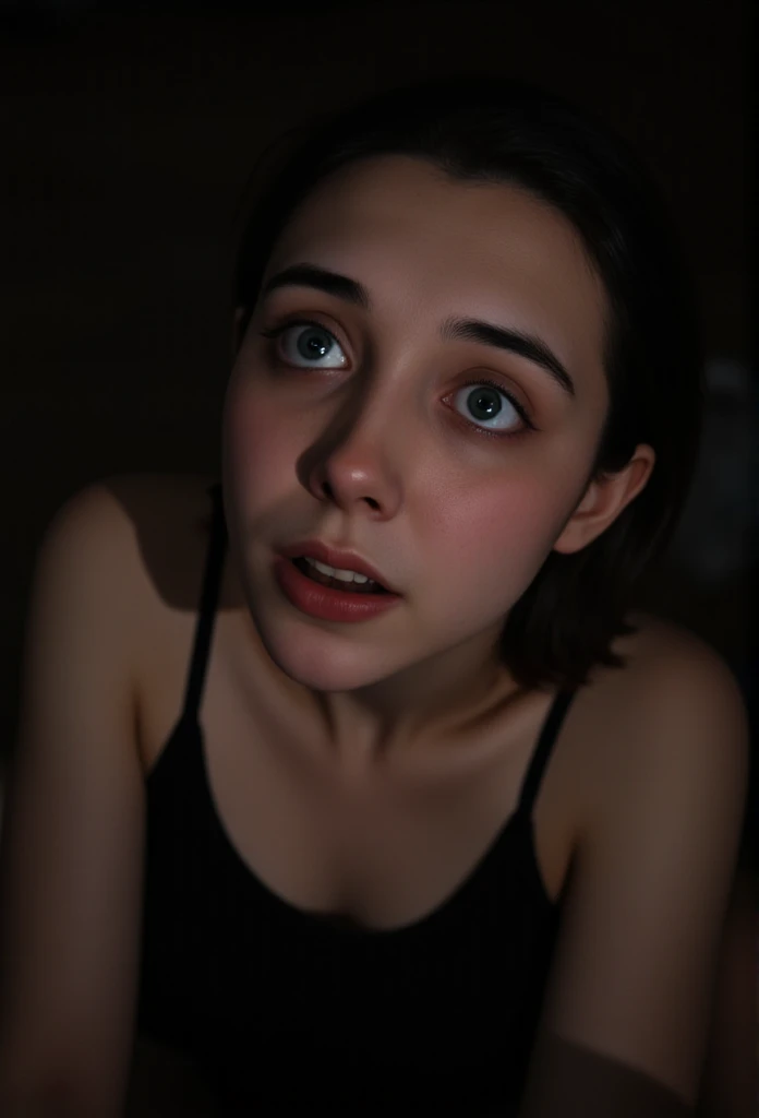 a girl, solo, closeup of face, scared, surprised, high angle view, looking at viewer, shadow penis on face, (best quality,4k,8k,highres,masterpiece:1.2),ultra-detailed,(realistic,photorealistic,photo-realistic:1.37), portrait, dramatic lighting, chiaroscuro, cinematic