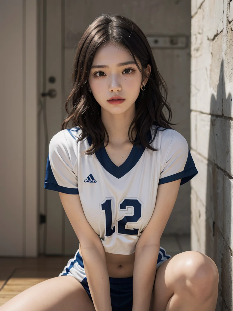 (A hyper-realistic), (hight resolution), (8K), (ighly detailed), (best pictures), (beatiful detailed eyes), (top-quality), (ultra-detailliert), (​masterpiece), (wall-paper), (详细的脸), drooing eyes,eyes gentle、Smile at your lover、full of sweat,sexy  pose,Sporty poses、short-hair,inner colored,独奏,Girl in Basketball Uniform, Loose Fit Tank Top、　Shorts、thighs thighs thighs thighs、japanes, Colossal tits、Detailed background of the sports venue、17 age