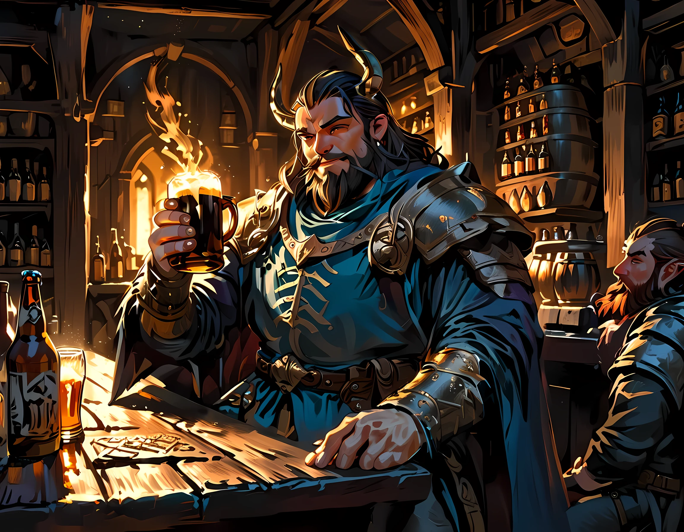 comic art, fantasy art, arafed, a picture of an armored dwarf fighter in a bar drinking from a foaming mug of beer, the mug has magical runes, glowing runes, fantasy bar, many bottles of ale, beer barrels, torch light, a sense of victory, happiness, mirth, cinematic lighting, dim light, full body, silhouette, from side, Ultra-Wide Angle, retina, UHD, best quality, 16k, highres, high details,
