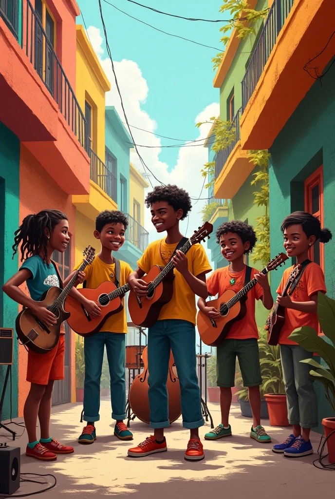 a boy with curly hair,enjoying samba music and dancing in the streets of Rio de Janeiro,colorful carnival costumes,energetic and vibrant atmosphere,bustling crowd and cheerful smiles,playing the tambourine and shaking maracas,traditional Brazilian street art,splashes of vibrant colors and joyful expressions,artistic graffiti and murals depicting the culture and spirit of Rio de Janeiro,the sun shining brightly, casting a warm glow on the festivities,lush green trees and tropical flowers adding to the scenic beauty,mosaics and patterns adorning the sidewalks and buildings,street vendors selling delicious local delicacies,savoring the taste of mouthwatering street food,a beautiful sunset painting the sky with shades of orange and pink,the sound of waves crashing against the sandy beaches near the city,local landmarks like the Christ the Redeemer statue overlooking the city skyline,passionate and rhythmic beats of the samba drums filling the air,creating a lively and captivating ambiance,memories of joy and celebration that will last a lifetime.(best quality, highres),vivid colors,energetic atmosphere,joyful expressions,artistic graffiti,scenic beauty,delicious street food,beautiful sunset,local landmarks,rhythmic beats.