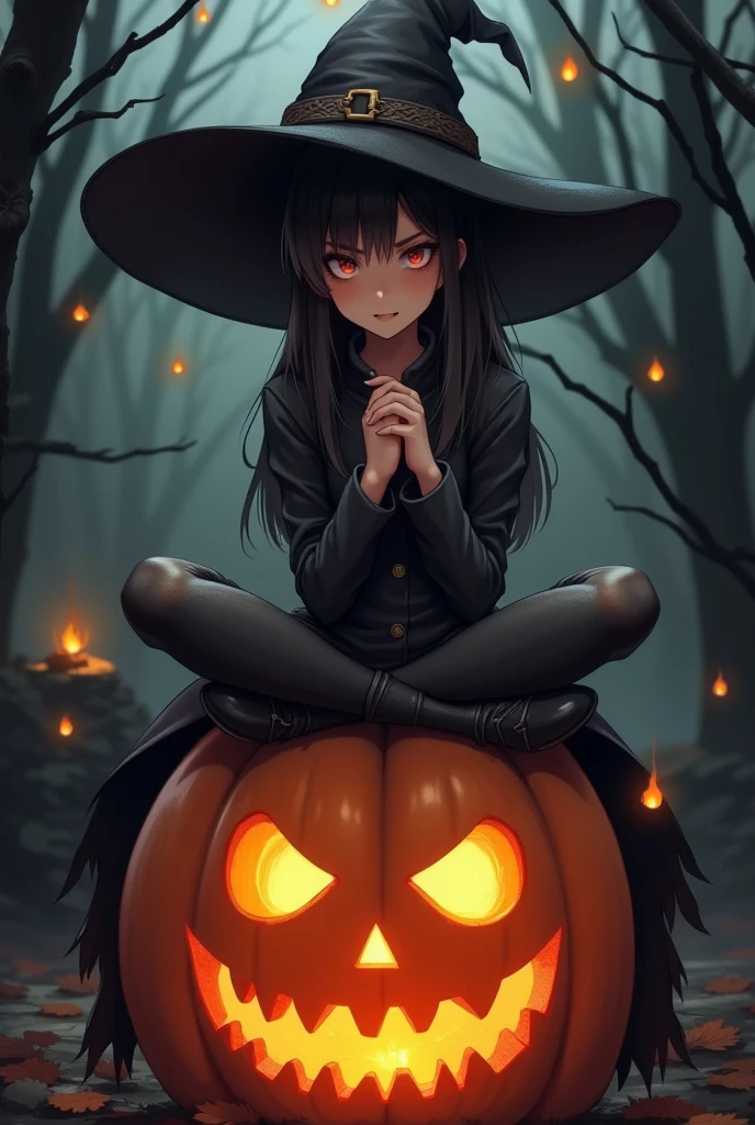 Halloween makeup,a girl sitting on a pumpkin lantern with her legs crossed and wearing a witch's hat,a grim expression,a full-body photo,