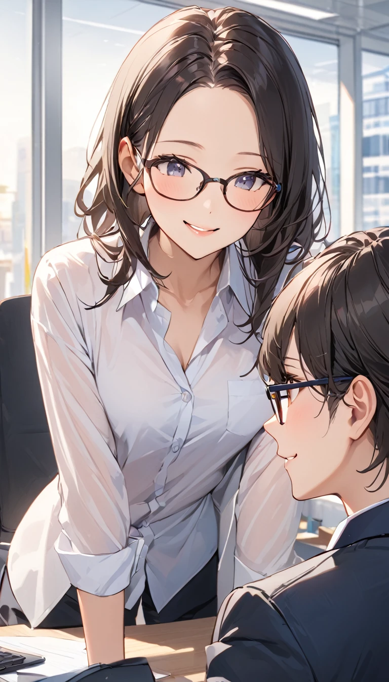 masterpiece, Wearing glasses, Black Hair, forehead, woman, Office, conversation,  Relaxed Atmosphere , In between work , 親密なconversation, Smile a little,  desk work in between, Looking at each other