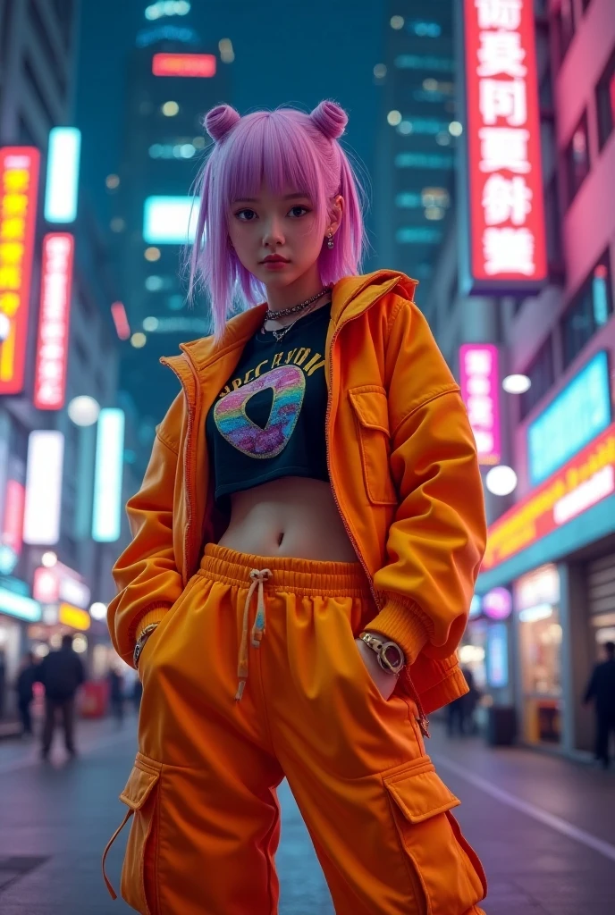 Extreme low angle, full body, (8k, RAW photo, highest quality, masterpiece), High detail RAW color photo, professional close-up photo, (realism, photorealism:1.4), (highest quality), (best shadow), (best illustration) in squat pose, wearing headphone, surreal face with soft skin perfect face, grey-blue eyes, girl long pink hair with harajuku style, good hand, perfect hand, wearing oversized hoodie, bottomless, expose tight, high socks, hiding a hoverboard, waiting for you, Tokyo night, neon, neon pink, neon lime green, wet road, water reflection, zoom in
