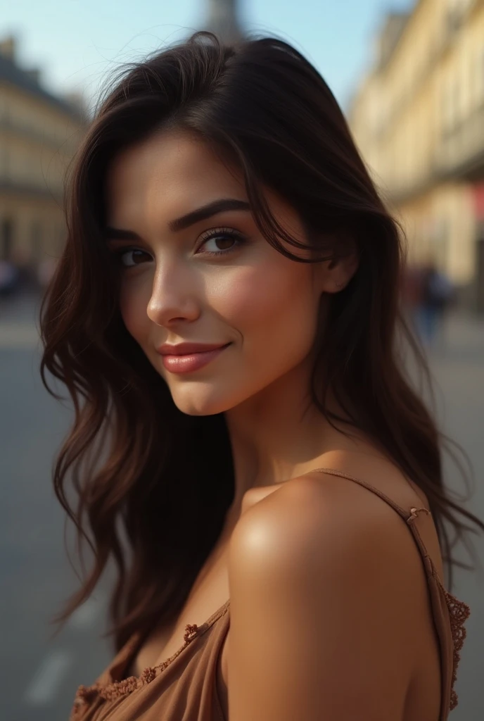 Image de portrait photoréaliste ;une belle influenceuse de 20 ans, brunette, regarder devant