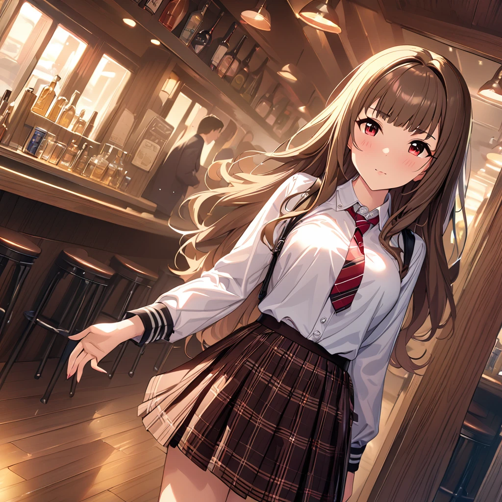 (masterpiece),( best quality),(Super detailed),(  Best Illustration ),( Best Shadow ),(Absurd),( detailed background),( Is Extremely Beautiful ),Kamiya no ,  1 girl, Alone, Long Hair, Brown Hair, Red eyes, tie, skirt,  put your hands in your pocket, ,  in the pub