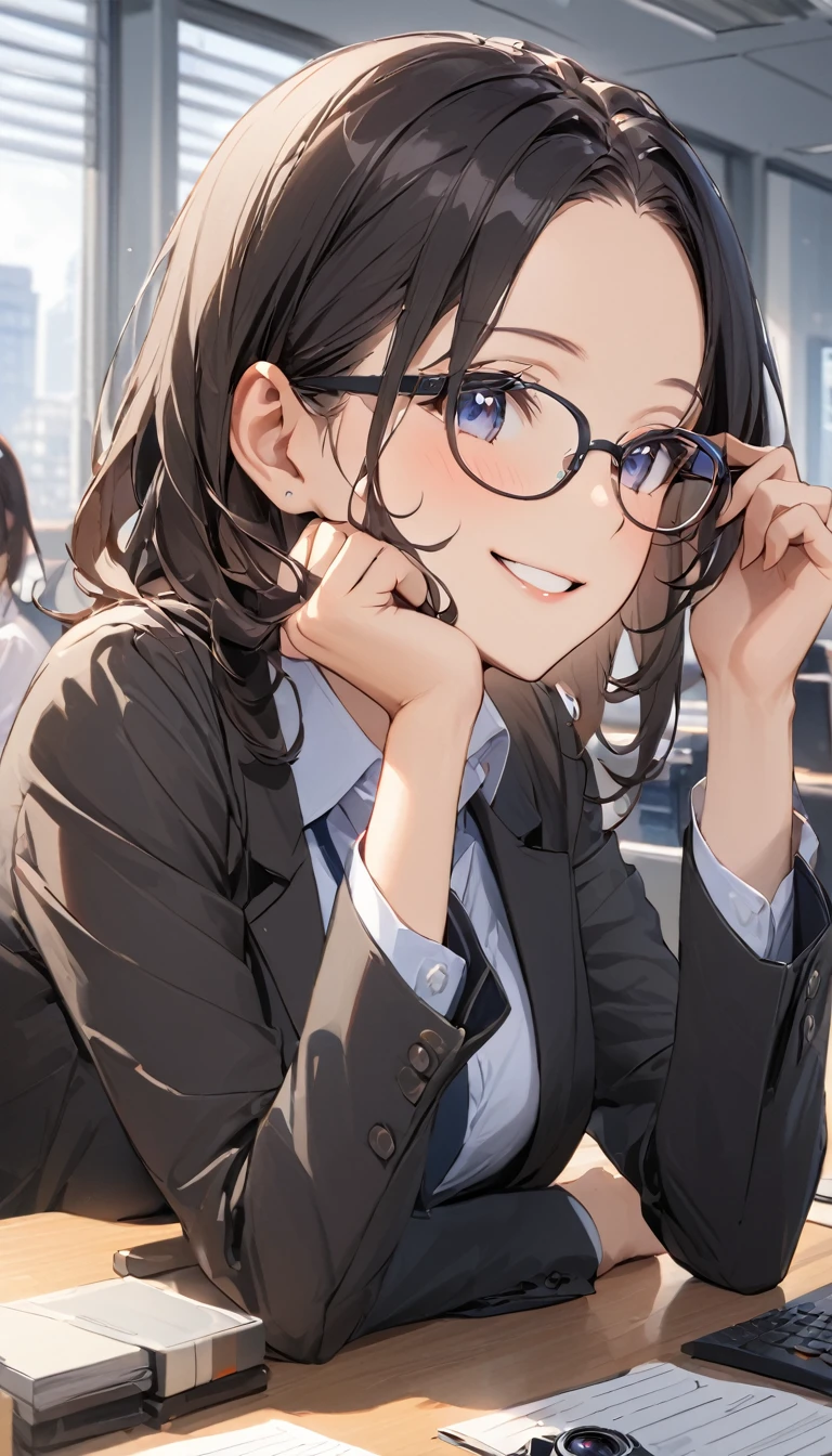 masterpiece, Wearing glasses, Black Hair, forehead, woman, Office, conversation,  Relaxed Atmosphere , between work, 親密なconversation, Smile a little, Relaxed atmosphere between desk work ,  camera carrying the Matchlock gun