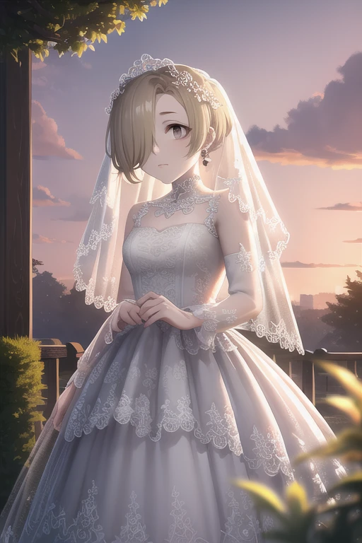 masterpiece,  best quality,  earrings,  ponytail,  Bridal Veil , wedding dress, garden, Green, sunset, short hair,, Blonde, hair over one eye, short hair,  Brown Eyes ,  flat chest,(Hiding one eye),Hidden right eye,