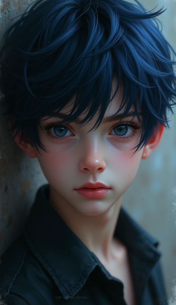 Young boy with black eyes and black , dark-blue with White streaks hair