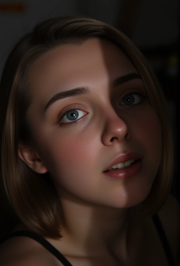 a girl, Alone,  close up of the face, Scared, surprised,  high angle view ,  looking at the viewer , Penis shadow on face, ( The best quality ,4k,8K,highres, masterpiece :1.2), Ultra detailed,(realistic,photorealistic,photo-realistic:1.37), portrait,  dramatic lighting , chiaroscuro, cinematic