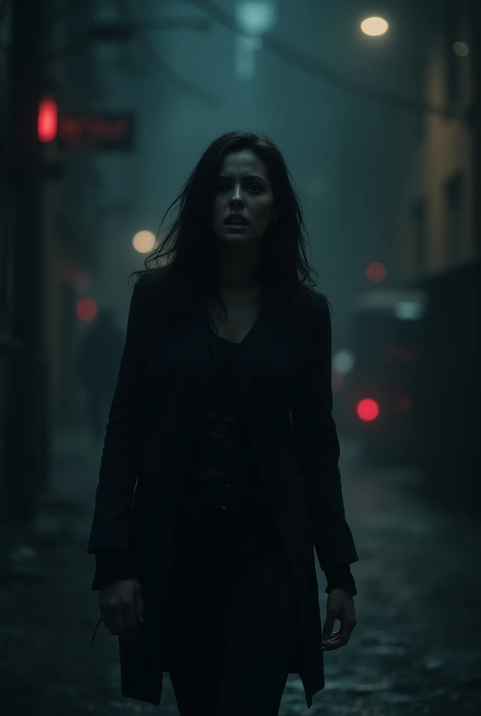 An English vampire woman with fair skin and chestnut brown hair, her lips smeared with blood as it drips from her fangs. She wears a stylish, modern trench coat over dark clothing, blending into the night. The setting is a foggy night in London, with the iconic Big Ben and the Houses of Parliament in the background. She stands in the shadowy alley near Westminster Bridge, the faint glow of street lamps casting eerie shadows as she surveys her next victim.