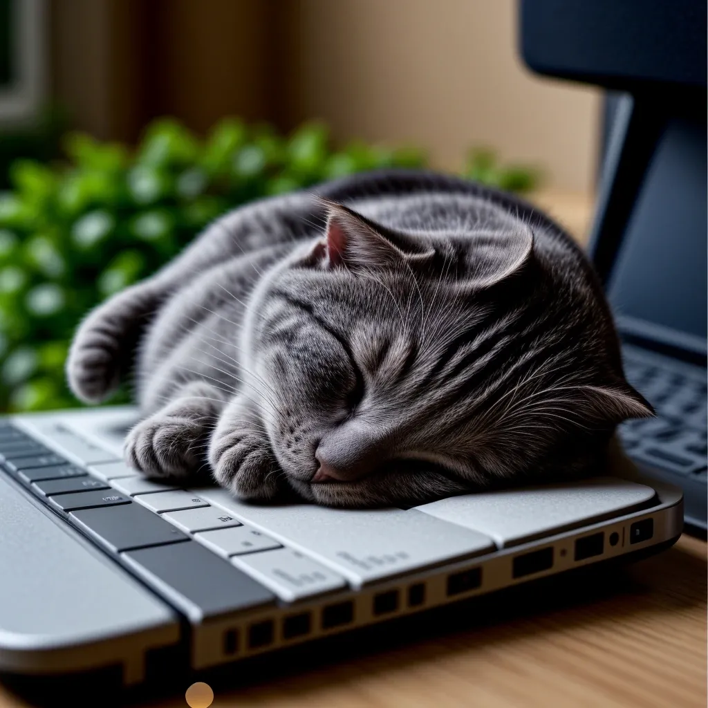 masterpiece, best quality, cinematic photo of Little gray cat sleeping on a laptop on the keyboard and on the laptop screen image of sunny nature, photograph, film, highres