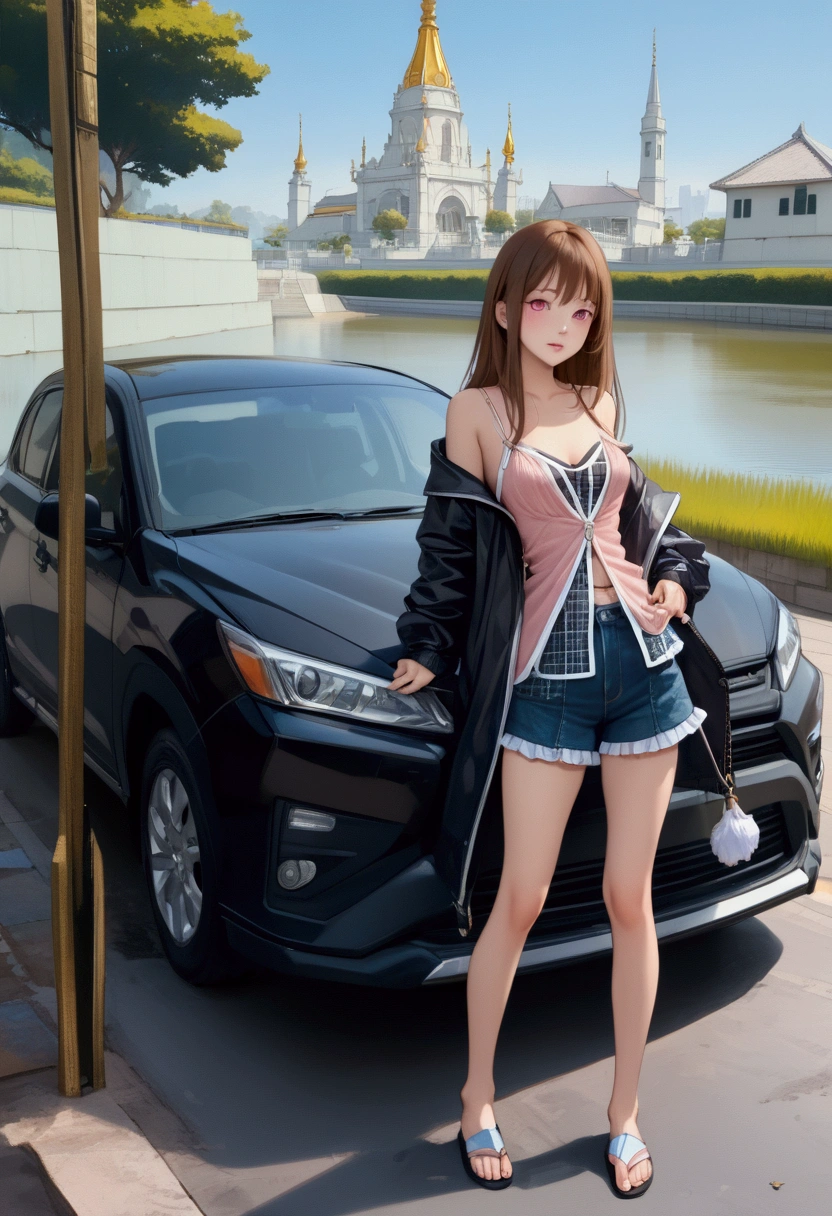 land_vehicle, hooded_eyes, 1girl, Long_Hair, Realistic, black_Hair, upskirt, 独奏, motor_vehicle, lips, skye, Bangs, frills, Long_Sleeves