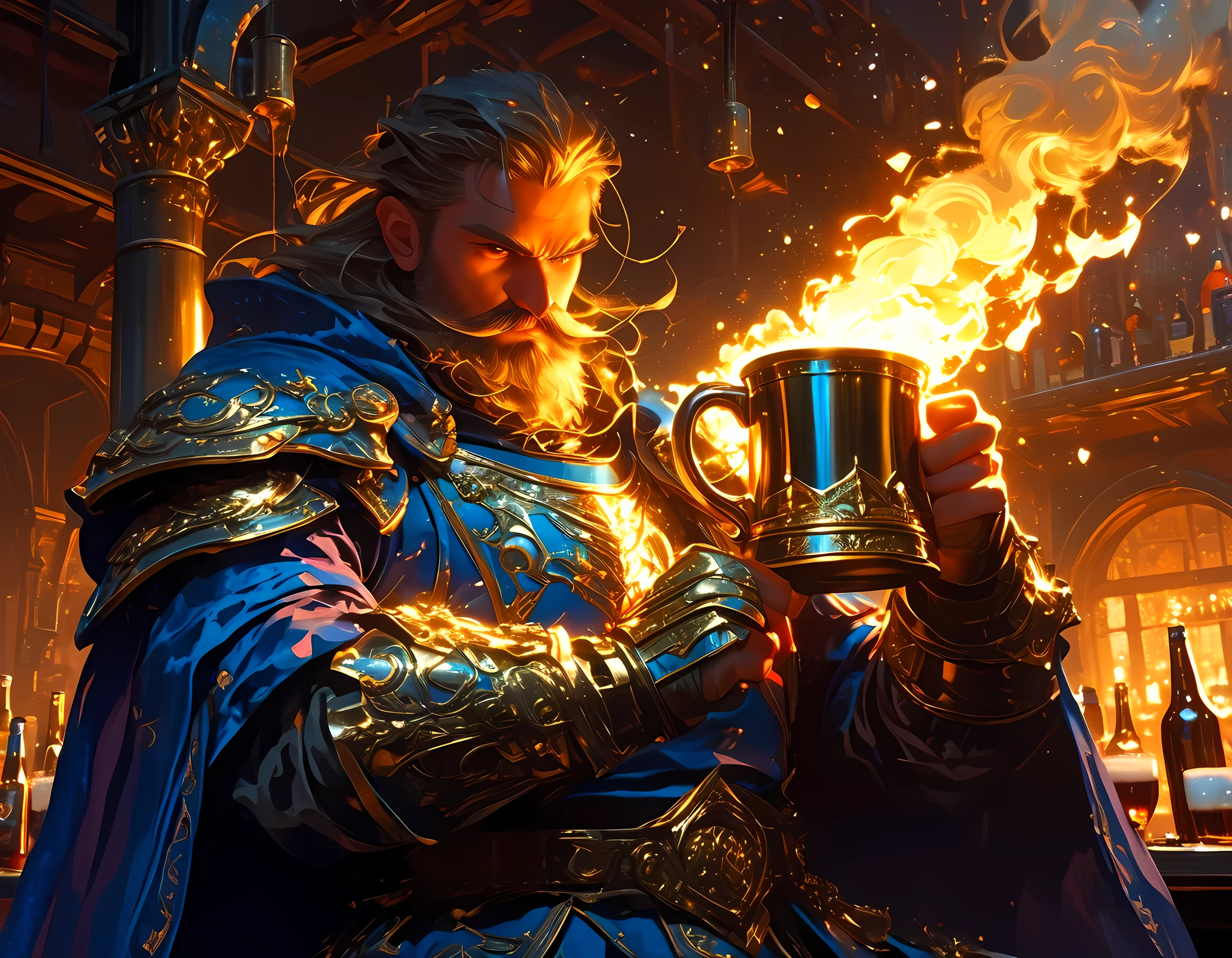 comic art, fantasy art, arafed, a picture of an armored dwarf fighter in a bar drinking from a foaming mug of beer, the mug has magical runes, glowing runes, fantasy bar, many bottles of ale, beer barrels, torch light, a sense of victory, happiness, mirth, cinematic lighting, dim light, full body, silhouette, from side, Ultra-Wide Angle, retina, UHD, best quality, 16k, highres, high details, mythp0rt, Cinematic, Cinematic Shot