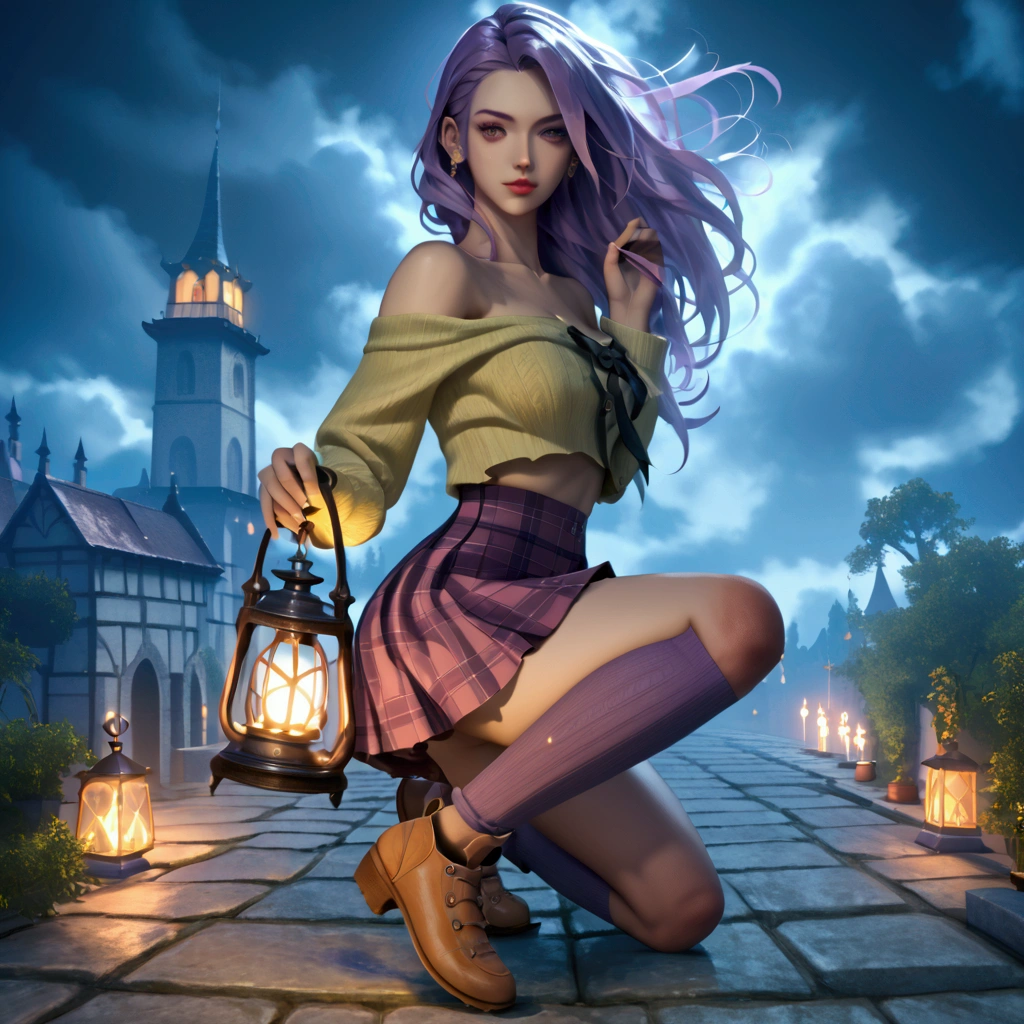 a woman in a plaid skirt holding a lantern on a cobblestone path, girl under lantern, beautiful digital artwork, fantasy gorgeous lighting, realistic fantasy artwork, realistic fantasy painting, realistic fantasy illustration, fantasy art style, trending digital fantasy art, realistic digital art 4 k, realistic digital art 4k, alena aenami and artgerm