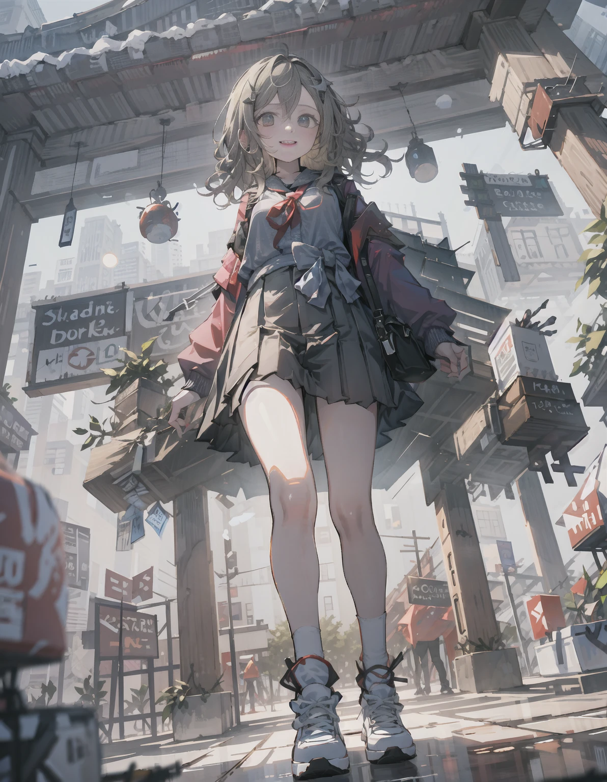  are of the best quality , ultra high res, 1 Girl, JK,  Maribel Hearn, have,  Purple dress, Short hair, blond,  Golden eyes, portrait, Detailed face,  looking at viewer , Smile,(The background is on the street)，Full body photo, Close-up of feet,  worst lens angle ，（（ white stockings 、Girly jade feet、Delicate touch、 Delicate toes、 Exquisite curves、rounded ankle、Slender instep、 Translucent texture））、 Thin as a cicada's wing、Silky smooth、hazy、Shy、pure white、 Soft as jade、 Clean and beautiful、 Charming、Fair and tender、Flawless、（（ Japanese cute style、Student breath、Youthful vitality）），