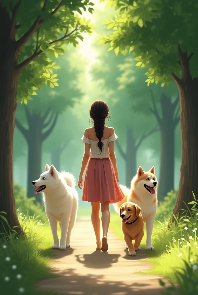 Lila grace-skinned girl with braids is walking her dogs, crystal, uma Akita branca e Apolo um golden retriever em um parte