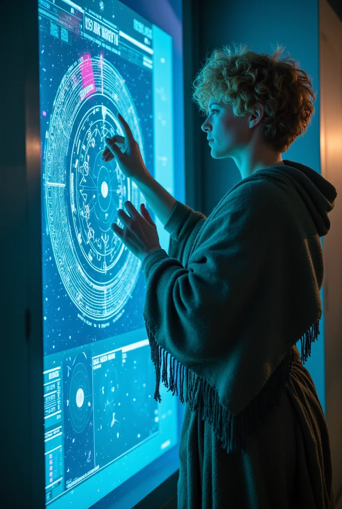 At the heart of the space station’s control room, a thin nordic cavewoman with curly blonde pixie cut hair shaved on one side stands before an alien control panel embedded in the wall, its surface covered in glowing, shifting symbols. She wears a torn and ragged shawl around her shoulders and rags around her waist as she places her hands cautiously on the console, fingers tracing strange patterns that ripple beneath her touch. The holographic interface responds to her in unexpected ways, flashing intricate constellations and planetary diagrams as if recognizing her. Captured from low angle, the control panel seems to stretch endlessly upward, while bright cyan and magenta light cascades over her skin. Mist swirls around her feet, reacting to her movements like it is alive. A faint vibration hums through the walls.
